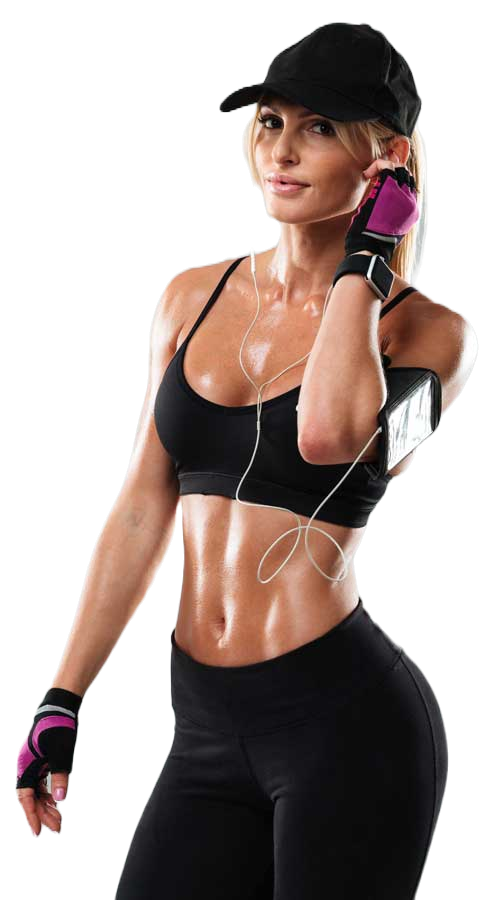 Mujer en ropa deportiva negra con gorra, guantes y auriculares, mostrando abdomen definido mientras se ejercita.
